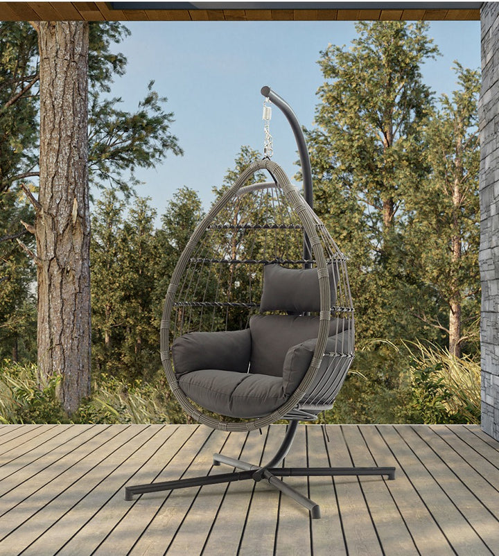 Wicker Rattan Patio Basket Hanging Chair with Stand for Indoor and Outdoor Use