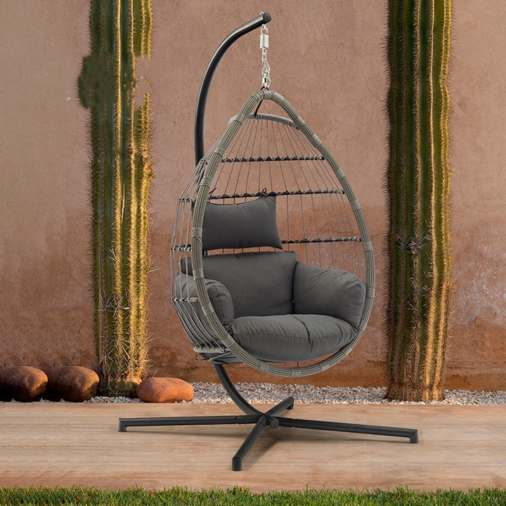 Wicker Rattan Patio Basket Hanging Chair with Stand for Indoor and Outdoor Use