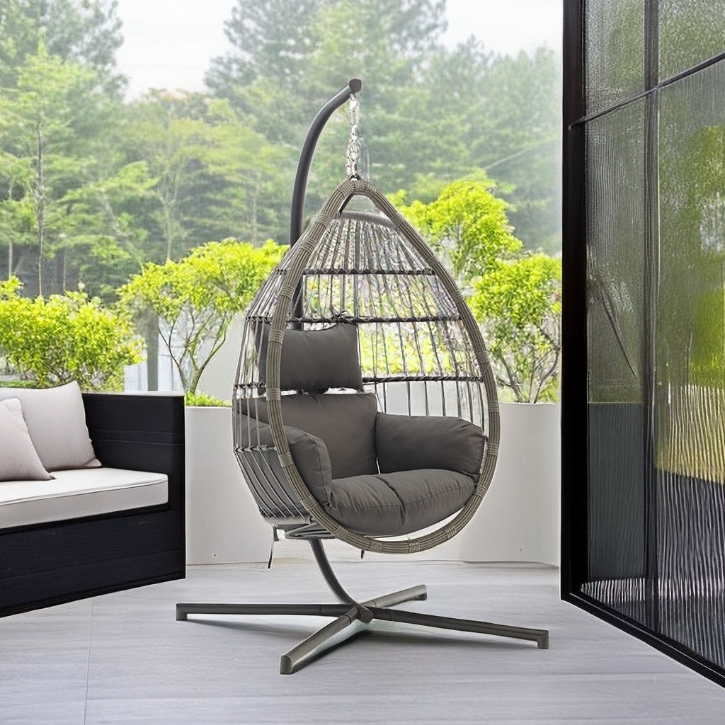Wicker Rattan Patio Basket Hanging Chair with Stand for Indoor and Outdoor Use