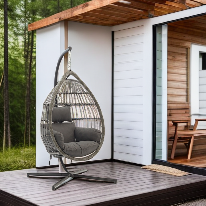 Wicker Rattan Patio Basket Hanging Chair with Stand for Indoor and Outdoor Use