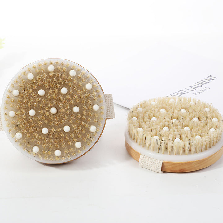 Solid wood frame and boar bristle exfoliating brush for skin beautification