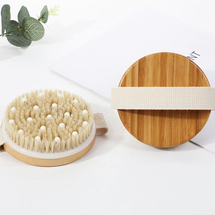 Solid wood frame and boar bristle exfoliating brush for skin beautification