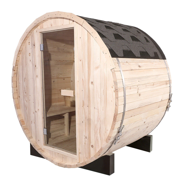 Rovo 1-2 Person Outdoor Barrel Sauna | Traditional Steam Sauna with Asphalt Shingle Roof, Harvia Heater | HolaLifes