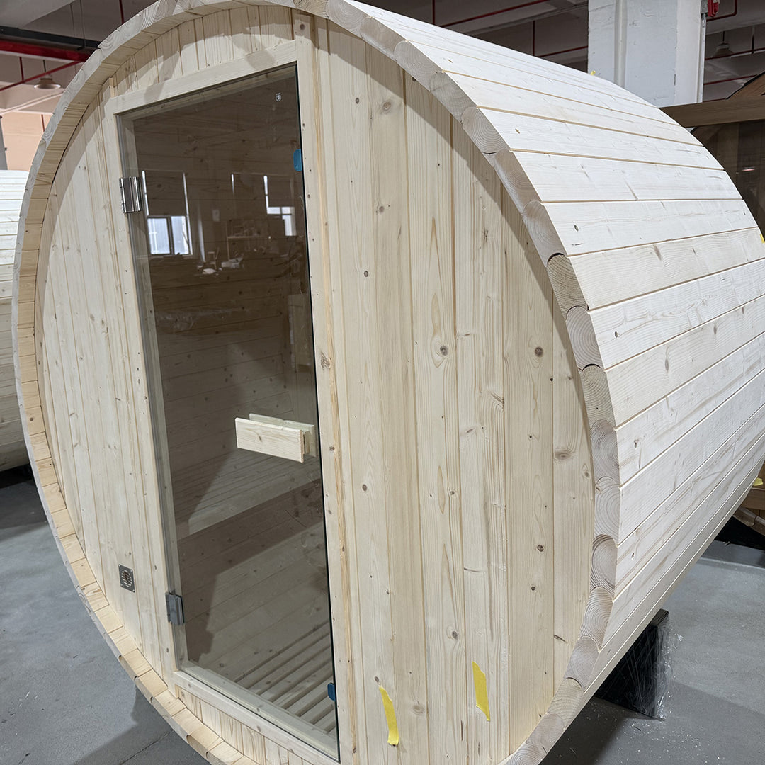 Rovo 1-2 Person Outdoor Barrel Sauna | Traditional Steam Sauna with Metal Shingle Roof, Harvia Heater | HolaLifes