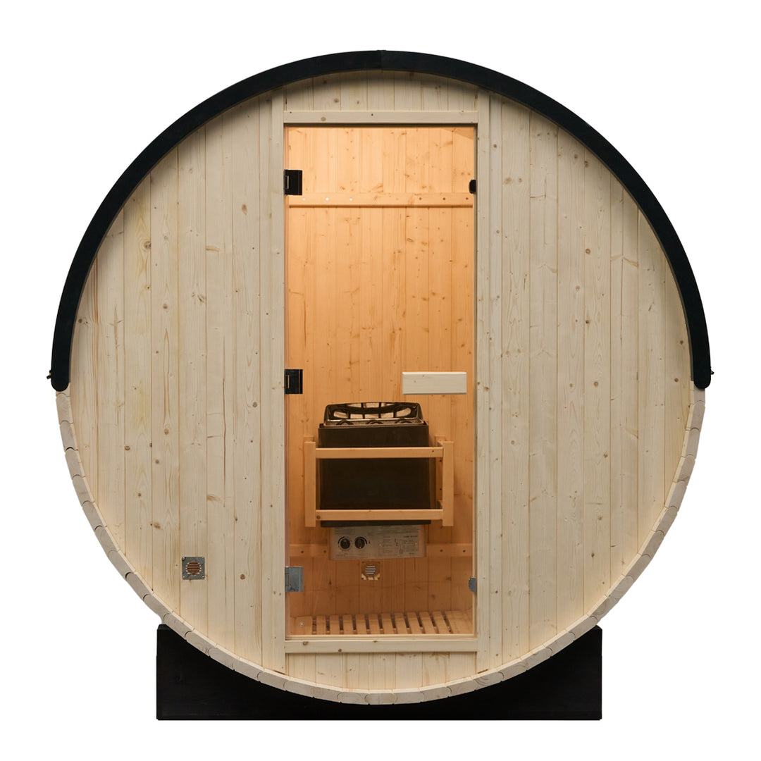 Rovo 1-2 Person Outdoor Barrel Sauna | Traditional Steam Sauna with Metal Shingle Roof, Harvia Heater | HolaLifes
