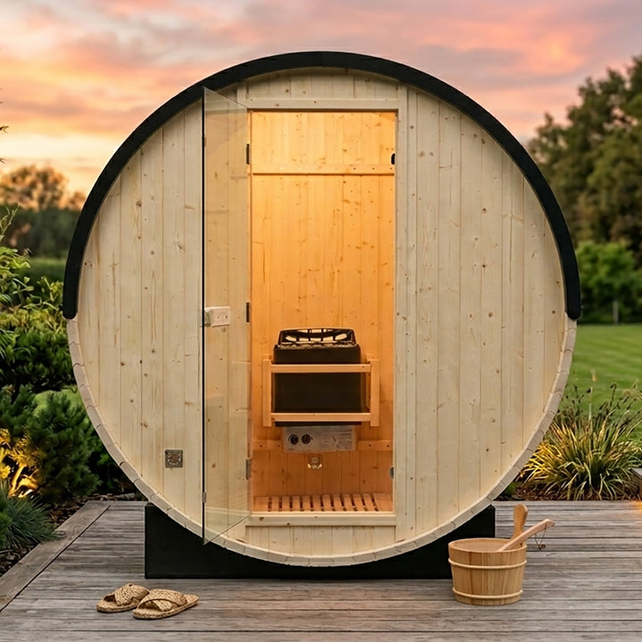 Rovo 1-2 Person Outdoor Barrel Sauna | Traditional Steam Sauna with Metal Shingle Roof, Harvia Heater | HolaLifes