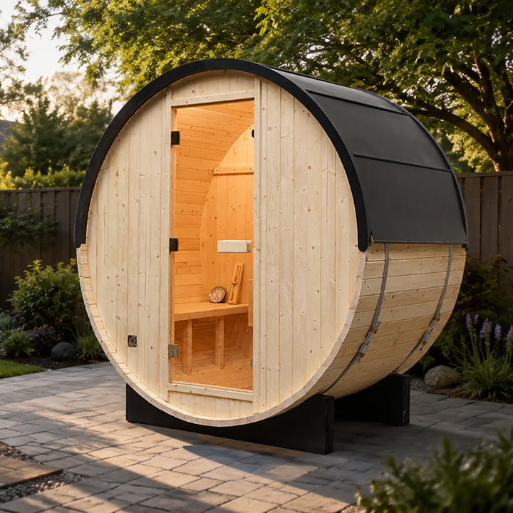 Rovo 1-2 Person Outdoor Barrel Sauna | Traditional Steam Sauna with Metal Shingle Roof, Harvia Heater | HolaLifes
