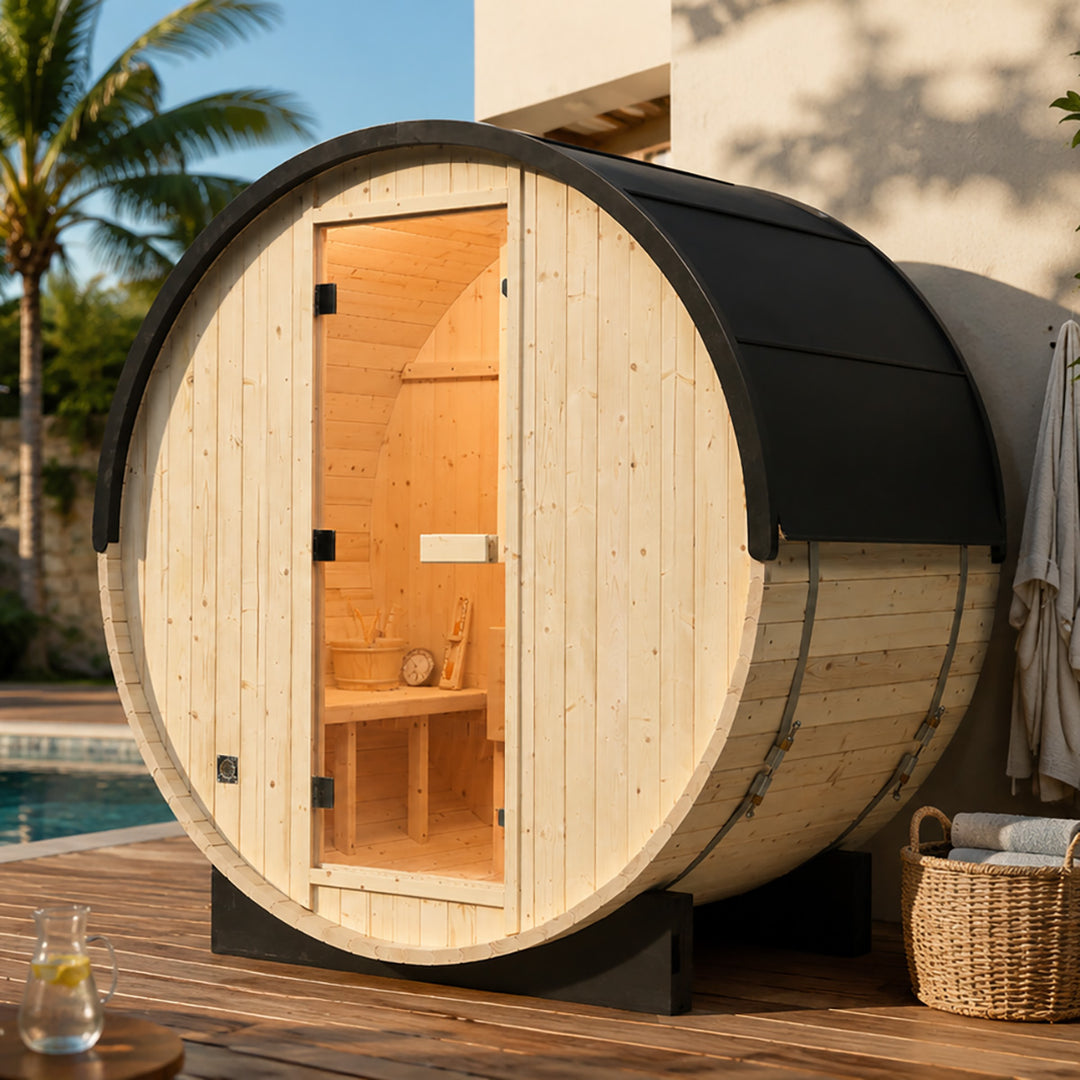 Rovo 1-2 Person Outdoor Barrel Sauna | Traditional Steam Sauna with Metal Shingle Roof, Harvia Heater | HolaLifes