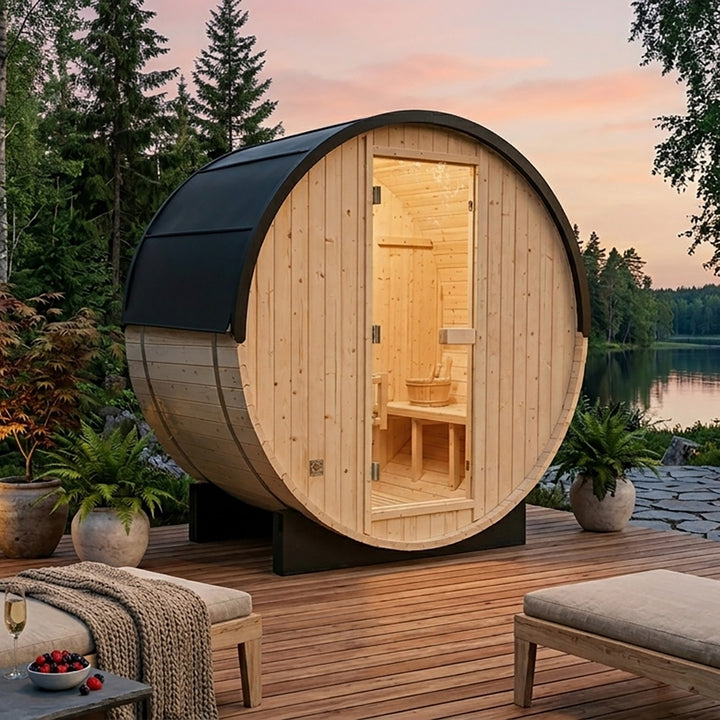 Rovo 1-2 Person Outdoor Barrel Sauna | Traditional Steam Sauna with Metal Shingle Roof, Harvia Heater | HolaLifes