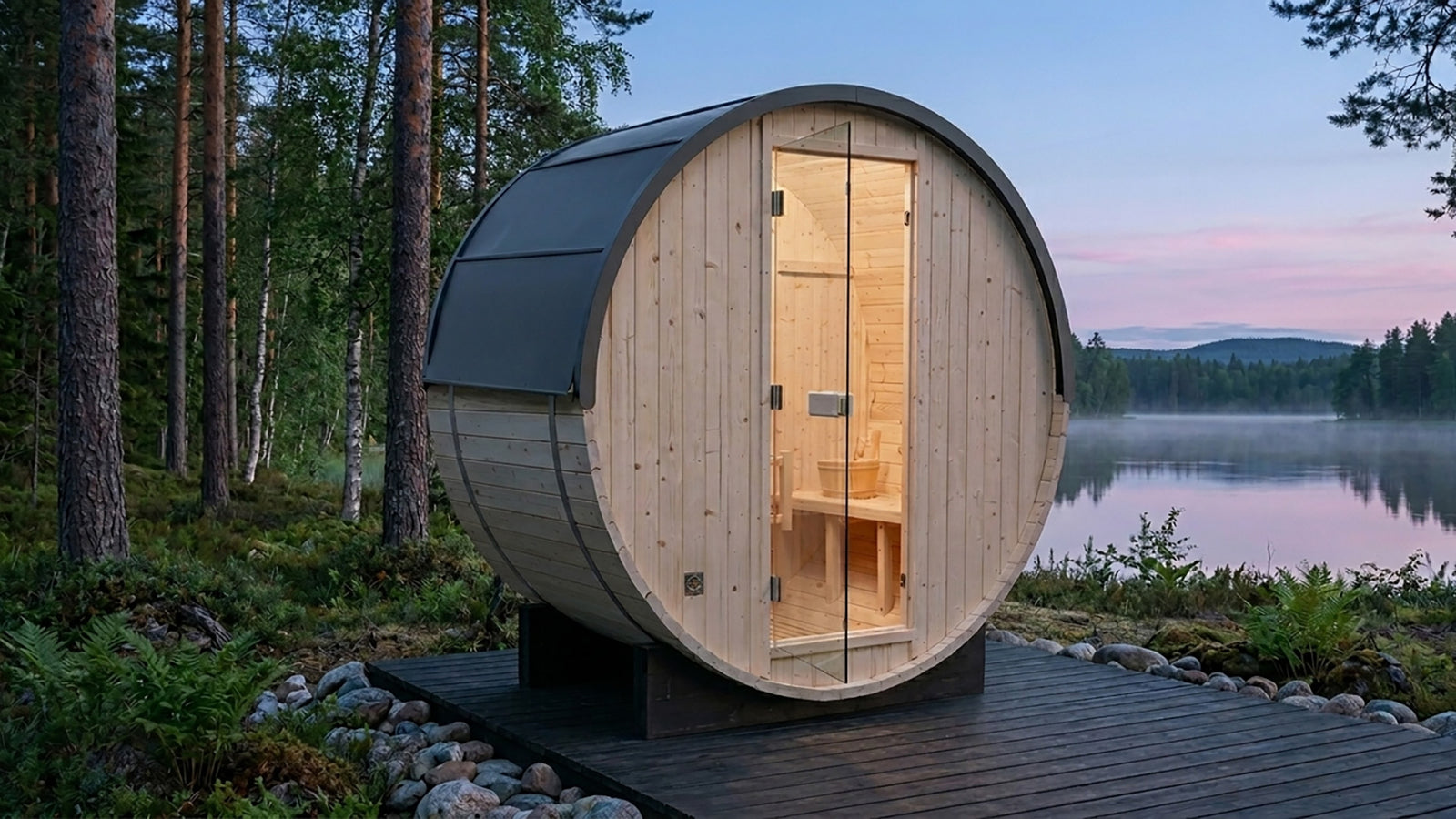 Rovo 1-2 Person Outdoor Barrel Sauna | Traditional Steam Sauna with Metal Shingle Roof, Harvia Heater | HolaLifes