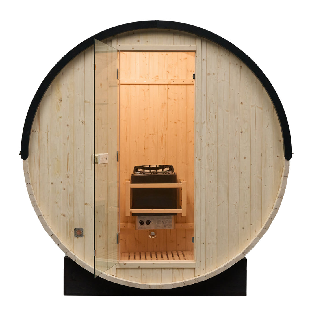 Rovo 1-2 Person Outdoor Barrel Sauna | Traditional Steam Sauna with Metal Shingle Roof, Harvia Heater | HolaLifes