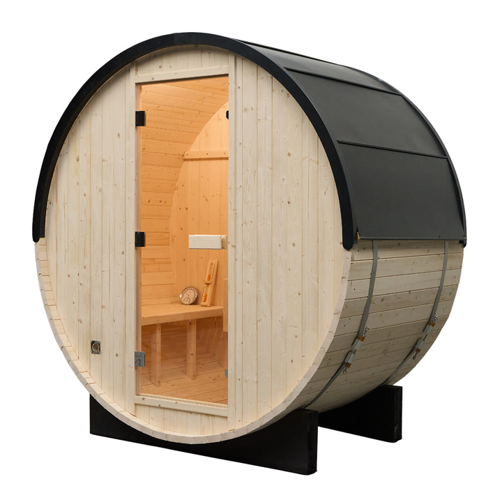 Rovo 1-2 Person Outdoor Barrel Sauna | Traditional Steam Sauna with Metal Shingle Roof, Harvia Heater | HolaLifes