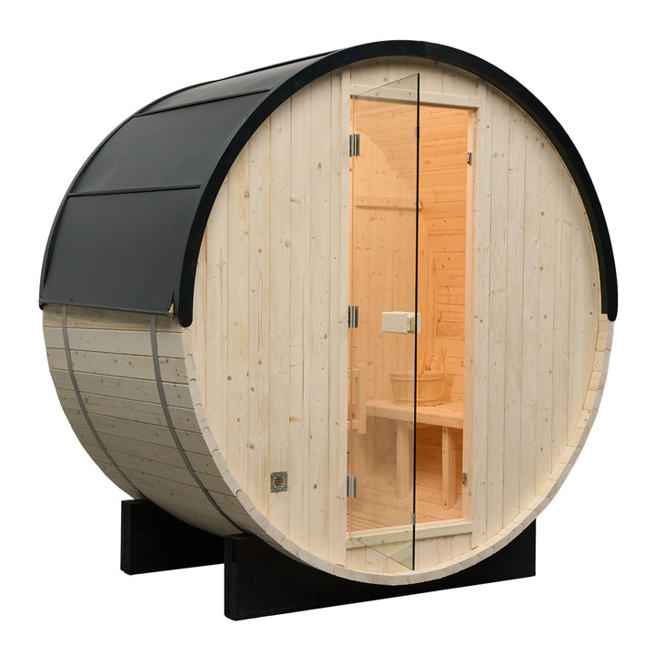 Rovo 1-2 Person Outdoor Barrel Sauna | Traditional Steam Sauna with Metal Shingle Roof, Harvia Heater | HolaLifes