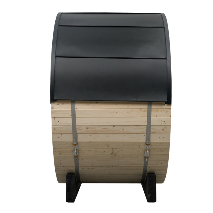 Rovo 1-2 Person Outdoor Barrel Sauna | Traditional Steam Sauna with Metal Shingle Roof, Harvia Heater | HolaLifes