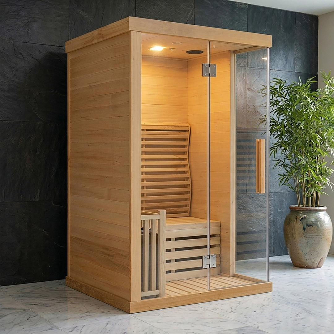 Zeno 1 Person Indoor Steam Sauna | Traditional Dry Sauna Kit with Luxury Jade Interior Decoration, WiFi Control, Harvia Heater, 7-Color Physiotherapy Light | HolaLifes