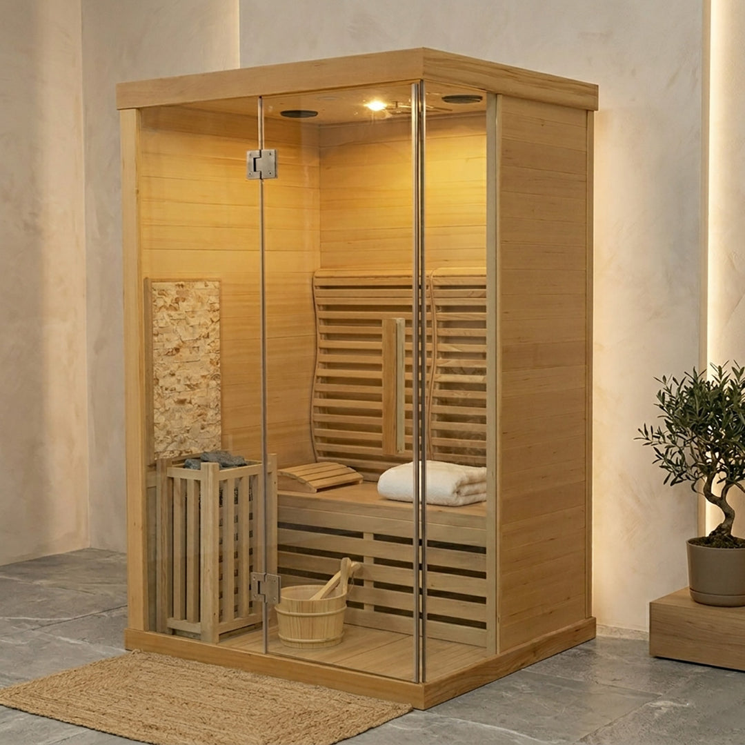 Zeno 1 Person Indoor Steam Sauna | Traditional Dry Sauna Kit with Luxury Jade Interior Decoration, WiFi Control, Harvia Heater, 7-Color Physiotherapy Light | HolaLifes