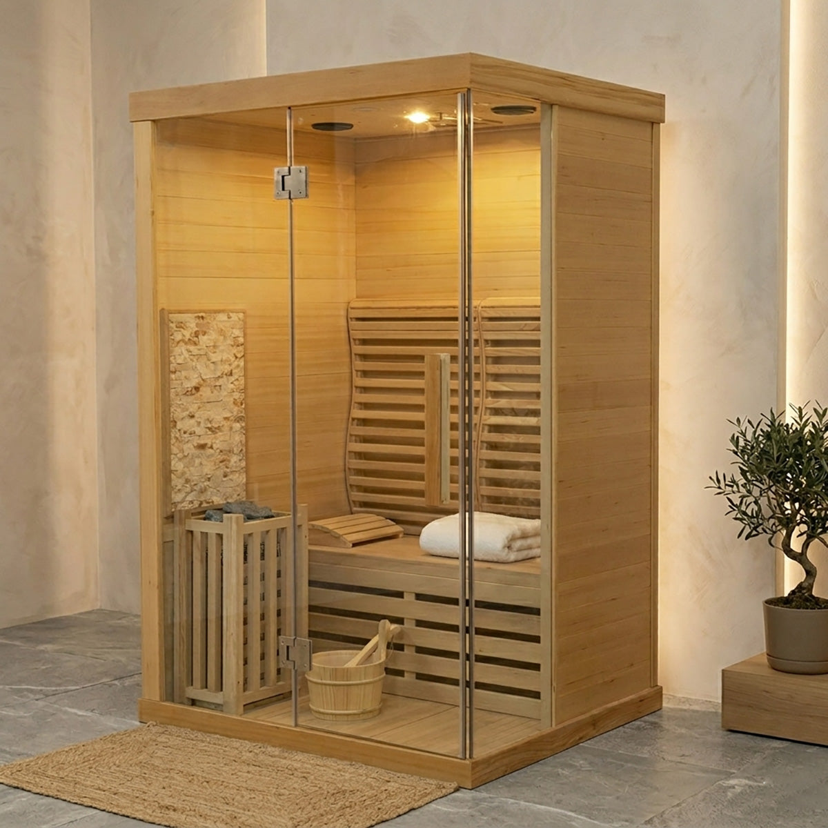 Zeno 1 Person Indoor Steam Sauna | Traditional Dry Sauna Kit with Luxury Jade Interior Decoration, WiFi Control, Harvia Heater, 7-Color Physiotherapy Light | HolaLifes