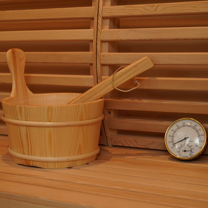 Wooden bucket with ladle and thermohygrometer of HolaLifes Zeno 1 Person Indoor Traditional Steam Sauna