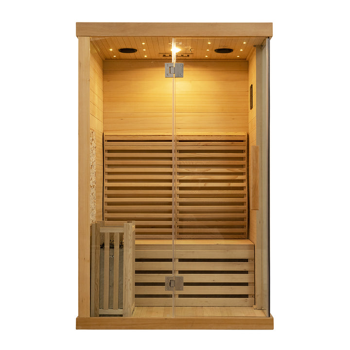 Zeno 1 Person Indoor Steam Sauna | Traditional Dry Sauna Kit with Luxury Jade Interior Decoration, WiFi Control, Harvia Heater, 7-Color Physiotherapy Light | HolaLifes